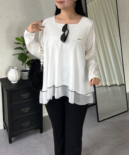 下襬撞色層疊設計 長袖T恤