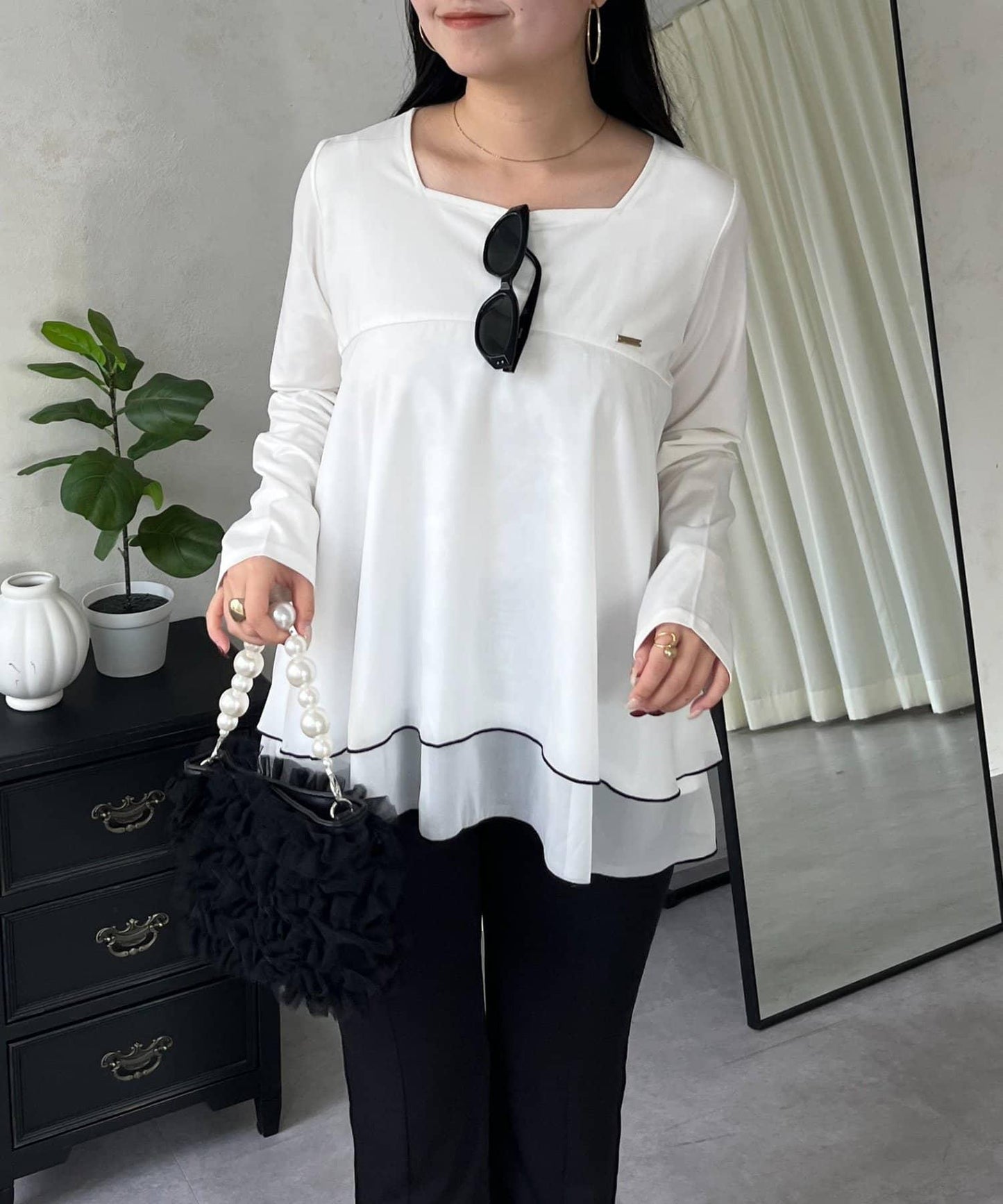 下襬撞色層疊設計 長袖T恤