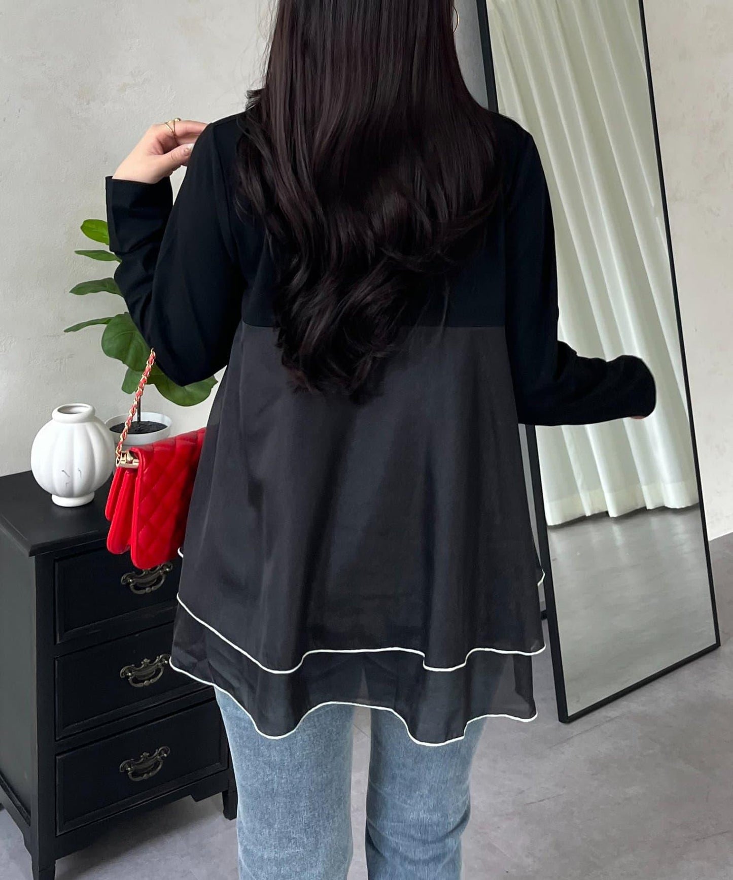 下襬撞色層疊設計 長袖T恤