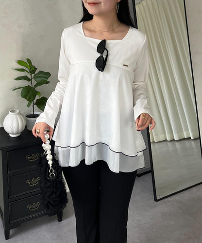 下襬撞色層疊設計 長袖T恤