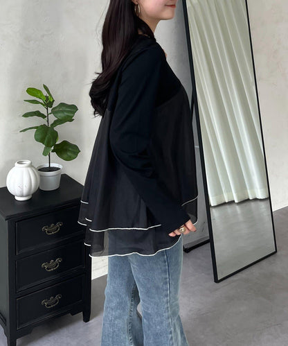 下襬撞色層疊設計 長袖T恤