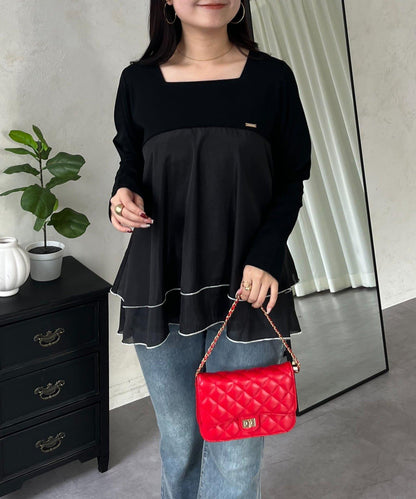 下襬撞色層疊設計 長袖T恤