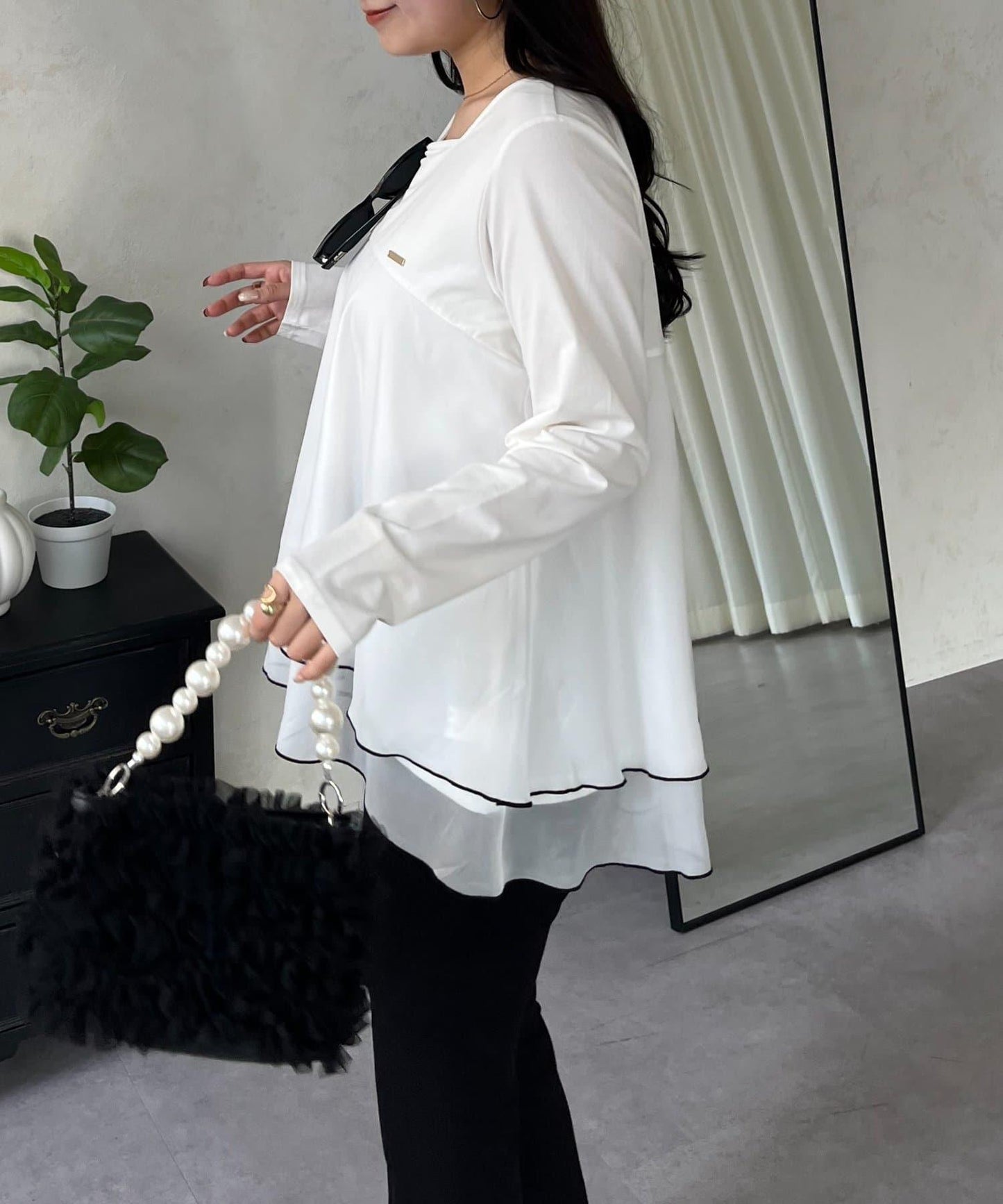 下襬撞色層疊設計 長袖T恤