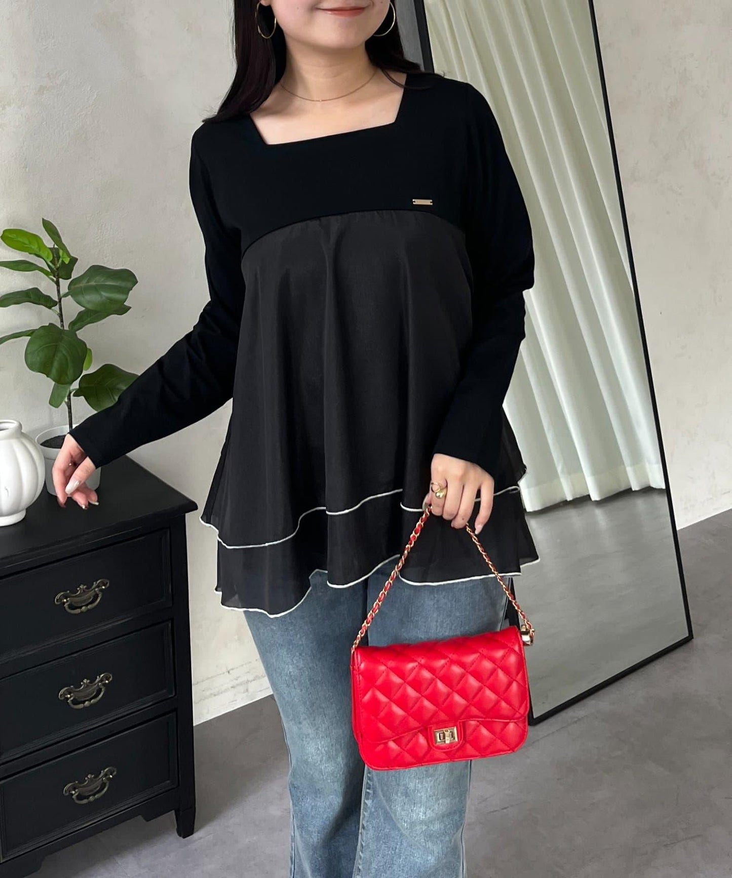 下襬撞色層疊設計 長袖T恤