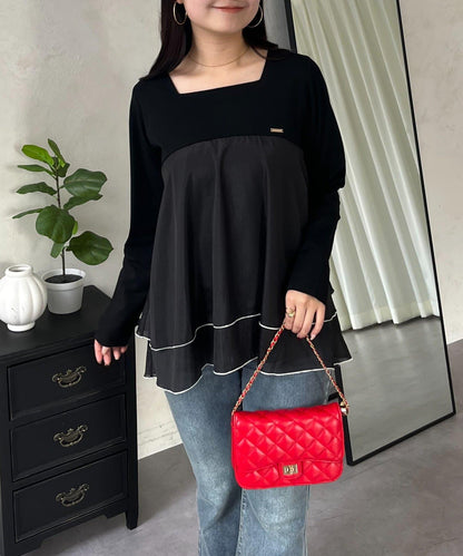 下襬撞色層疊設計 長袖T恤