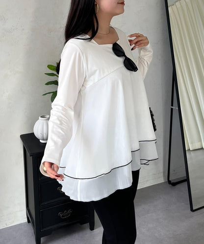 下襬撞色層疊設計 長袖T恤