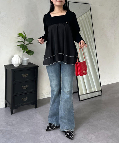 下襬撞色層疊設計 長袖T恤