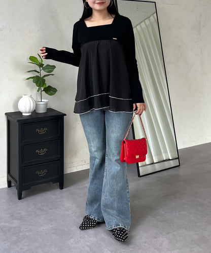 下襬撞色層疊設計 長袖T恤