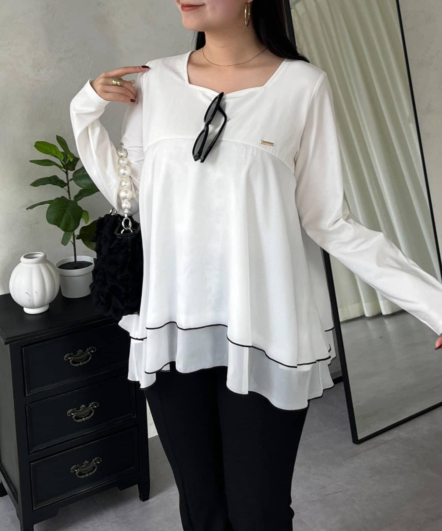 下襬撞色層疊設計 長袖T恤