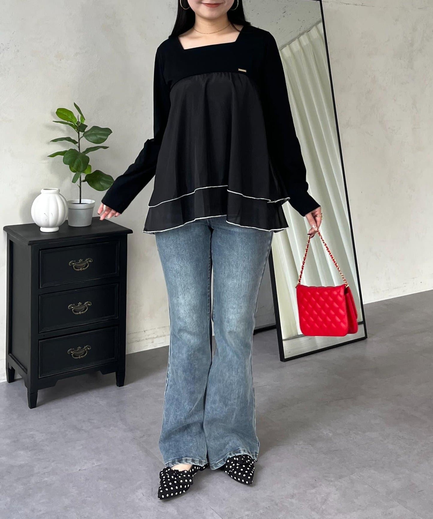 下襬撞色層疊設計 長袖T恤