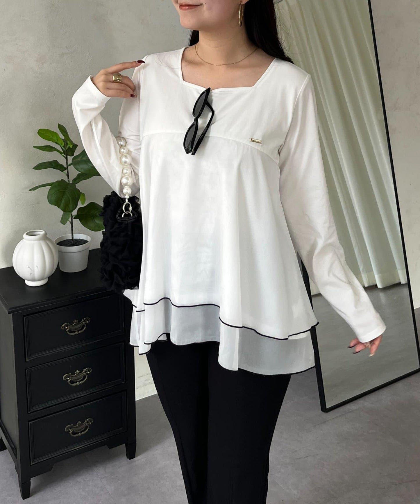 下襬撞色層疊設計 長袖T恤