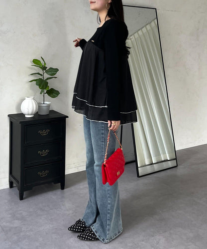 下襬撞色層疊設計 長袖T恤