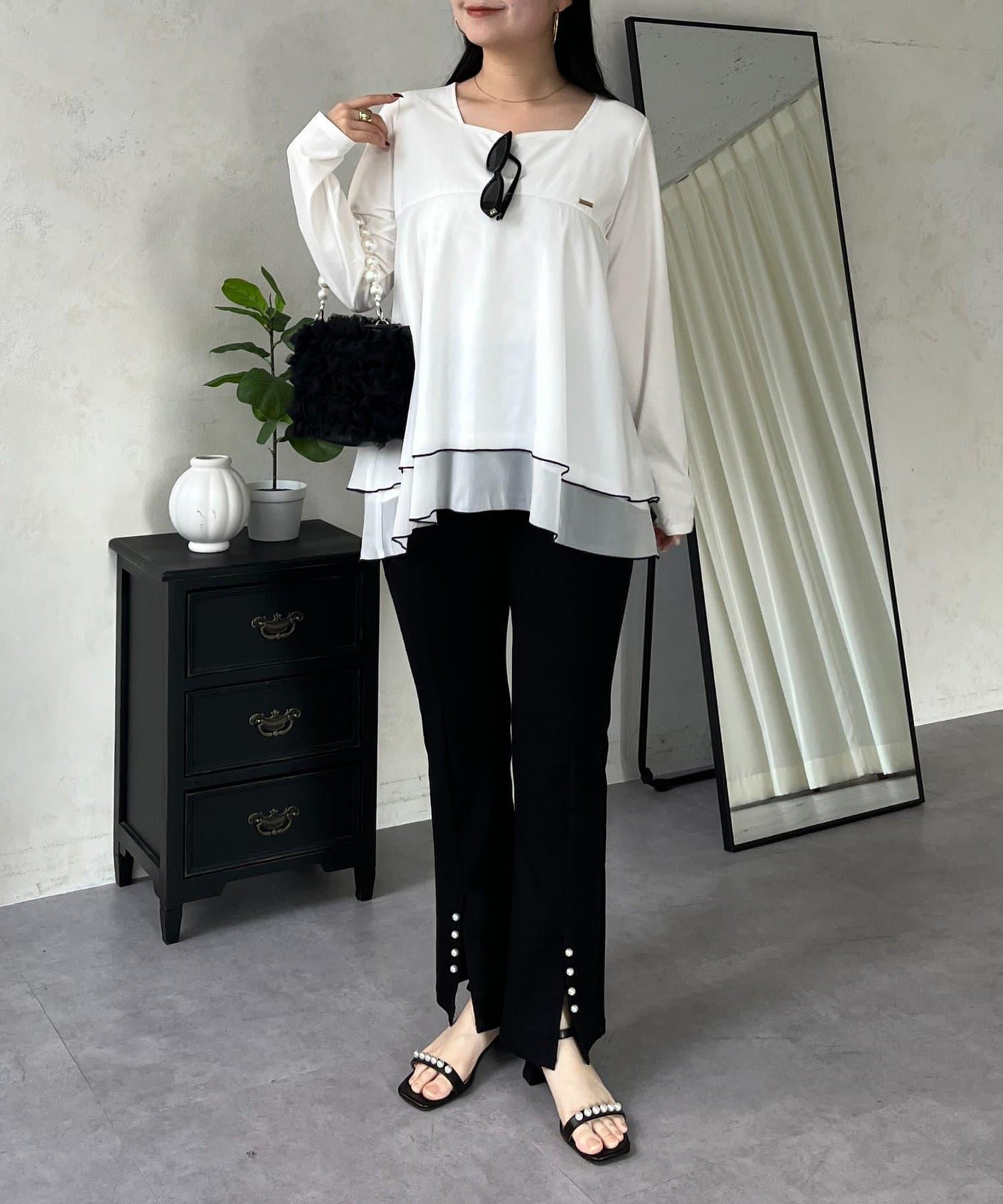 下襬撞色層疊設計 長袖T恤