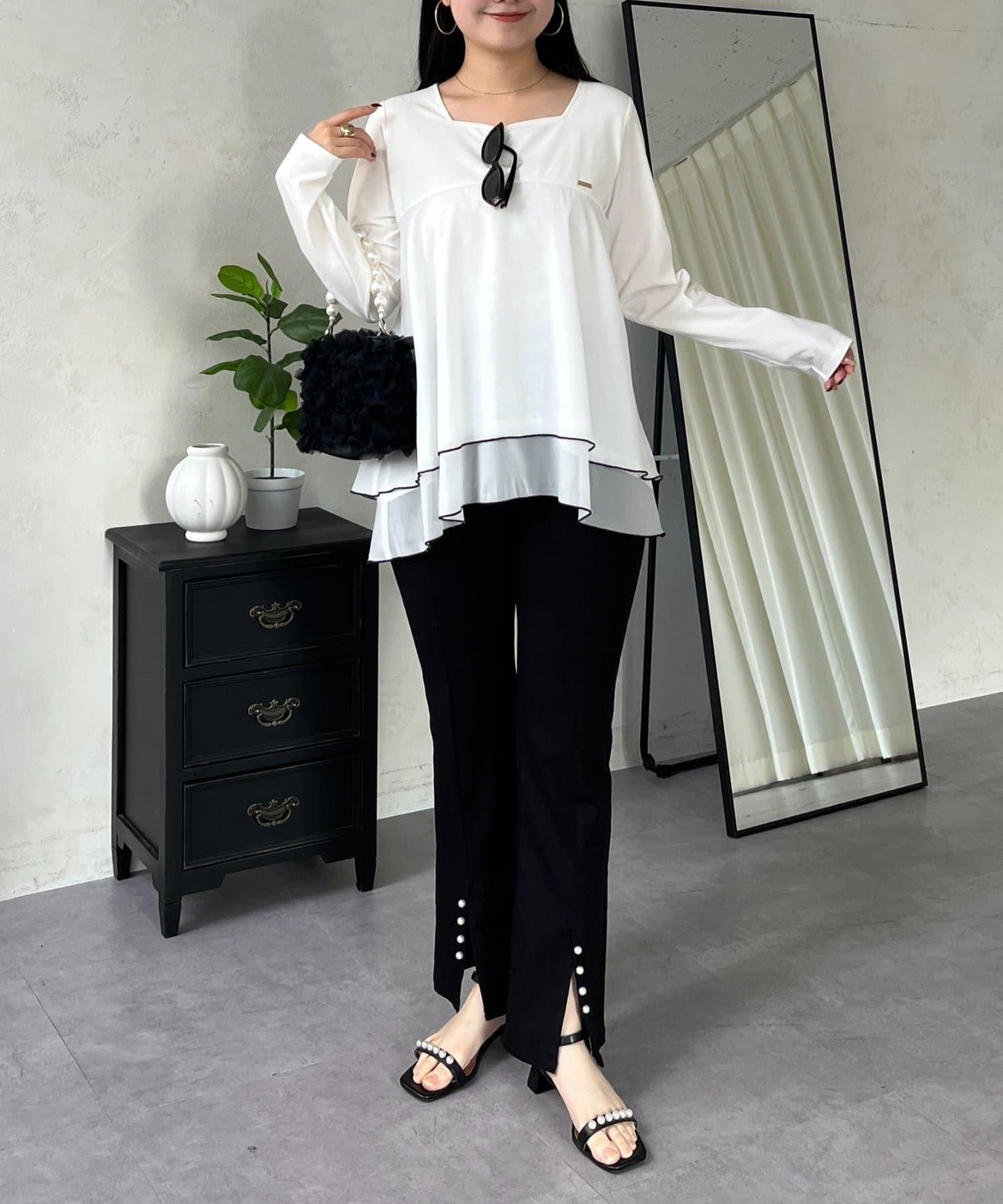 下襬撞色層疊設計 長袖T恤