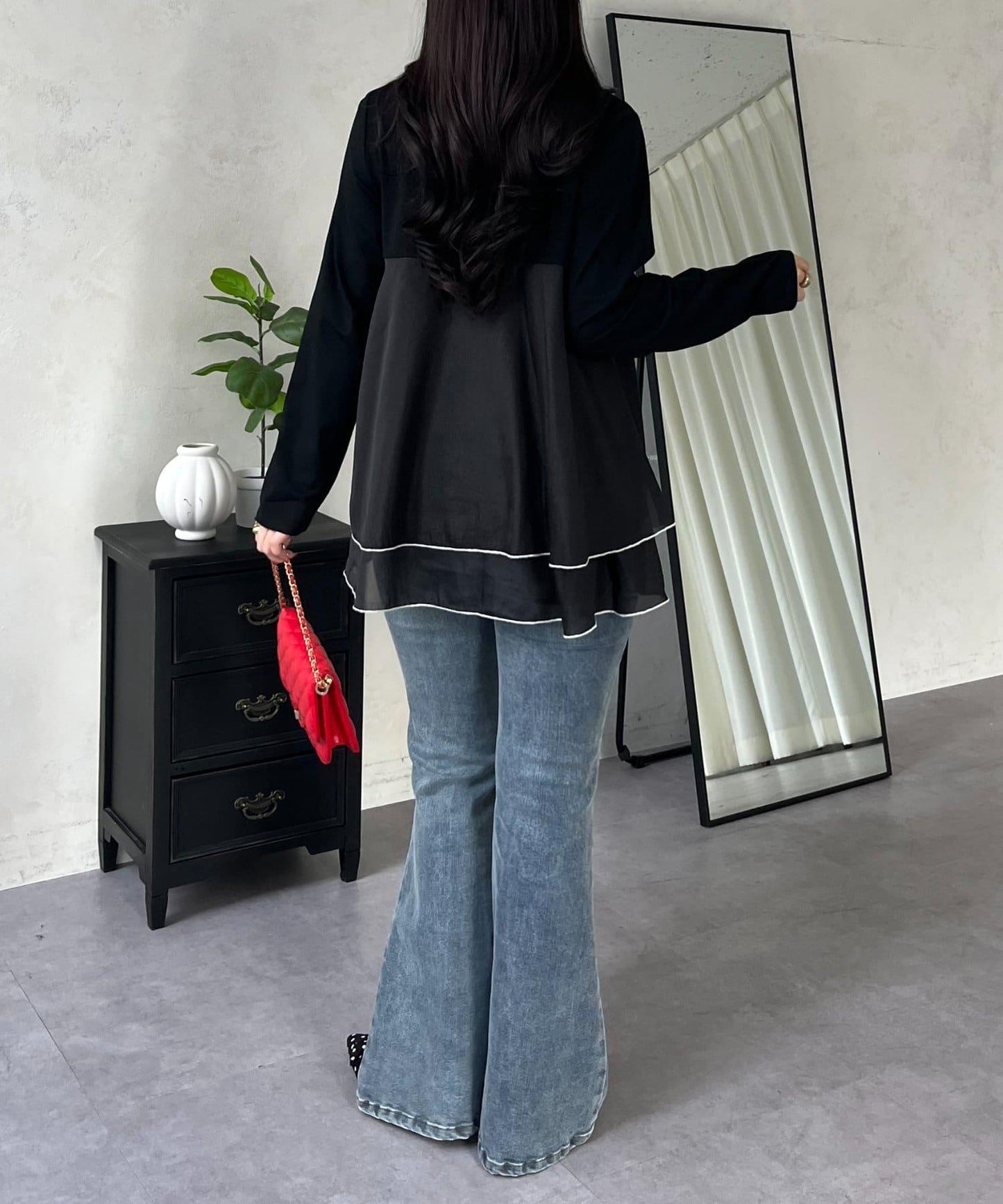 下襬撞色層疊設計 長袖T恤