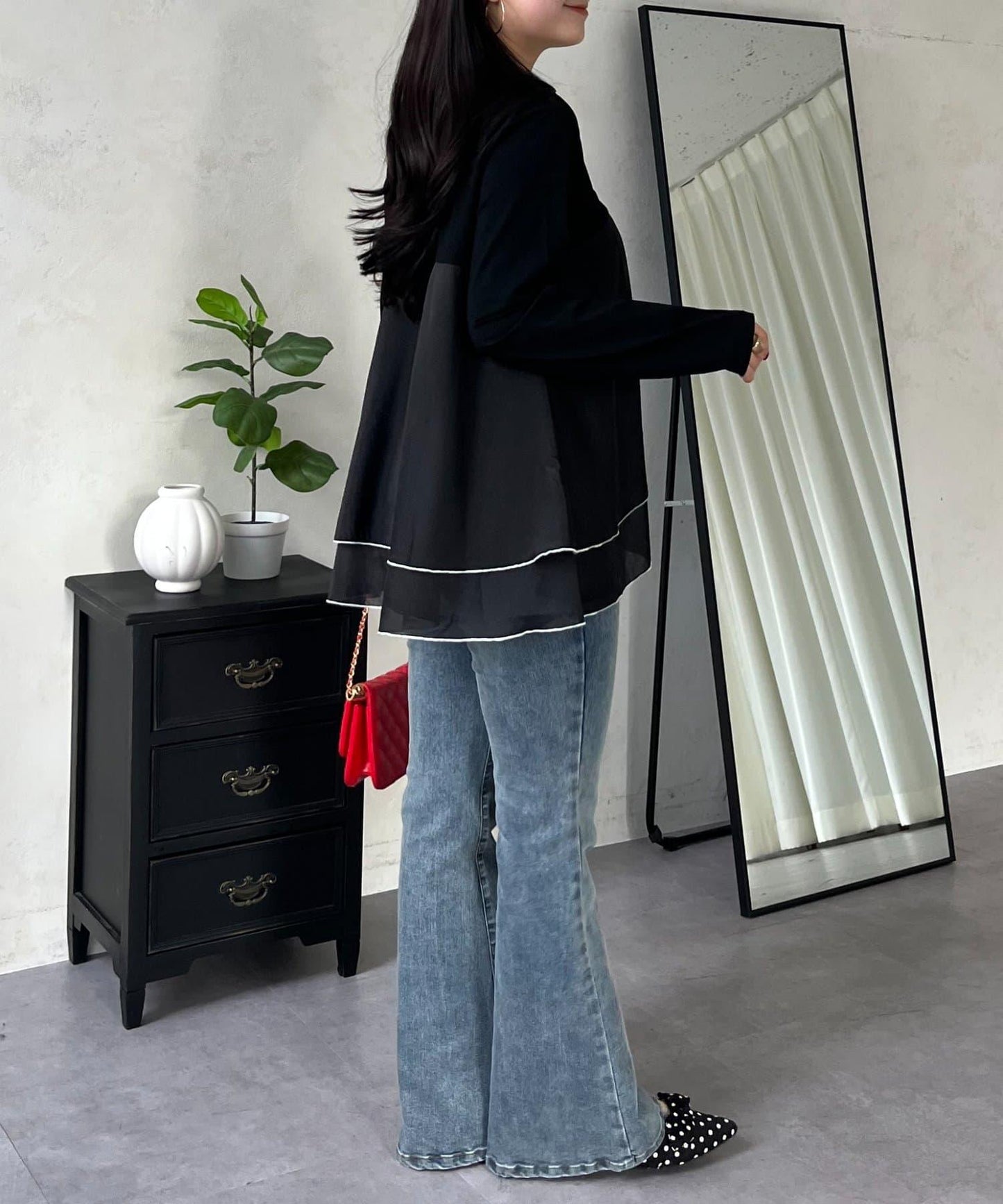 下襬撞色層疊設計 長袖T恤