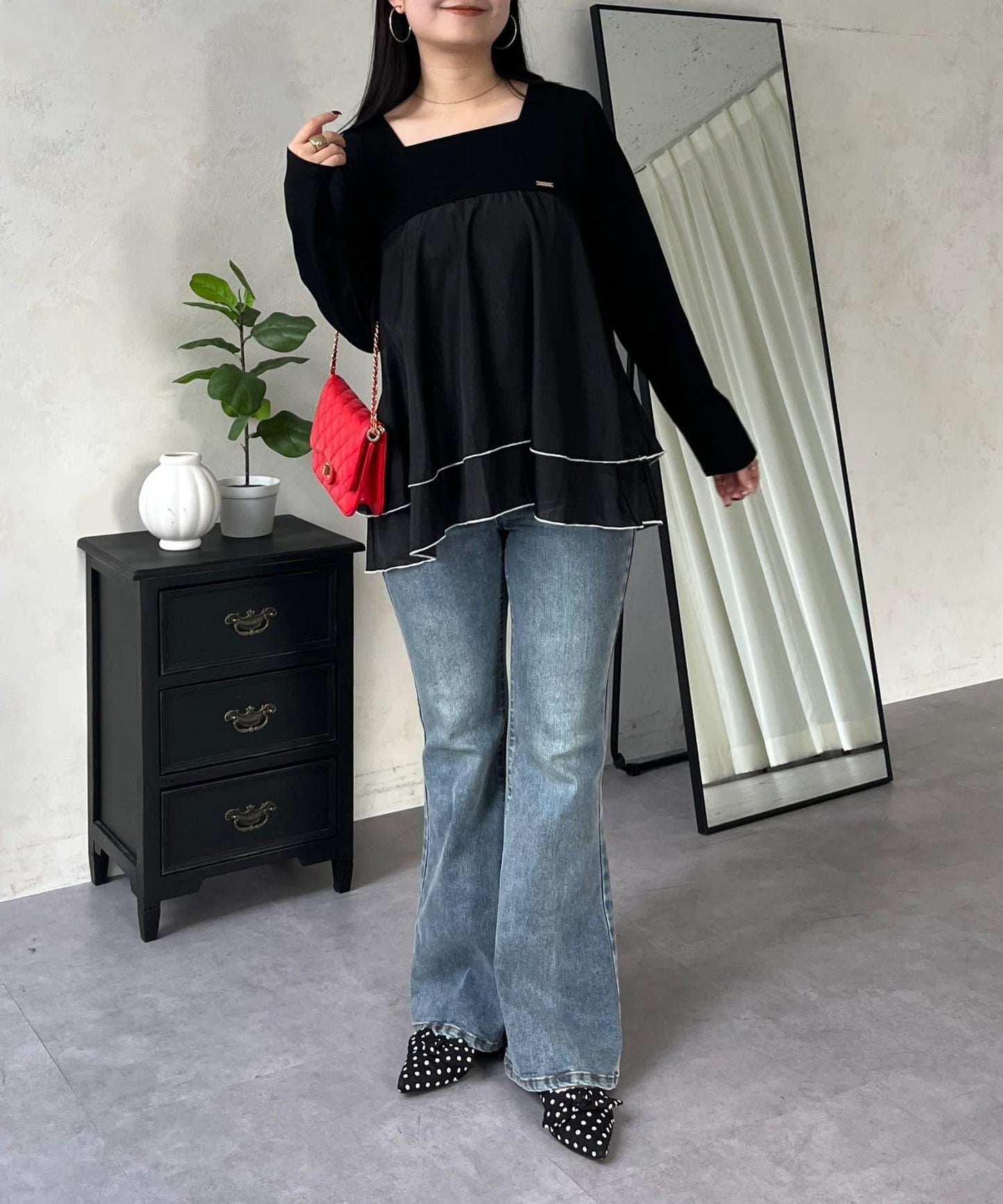 下襬撞色層疊設計 長袖T恤