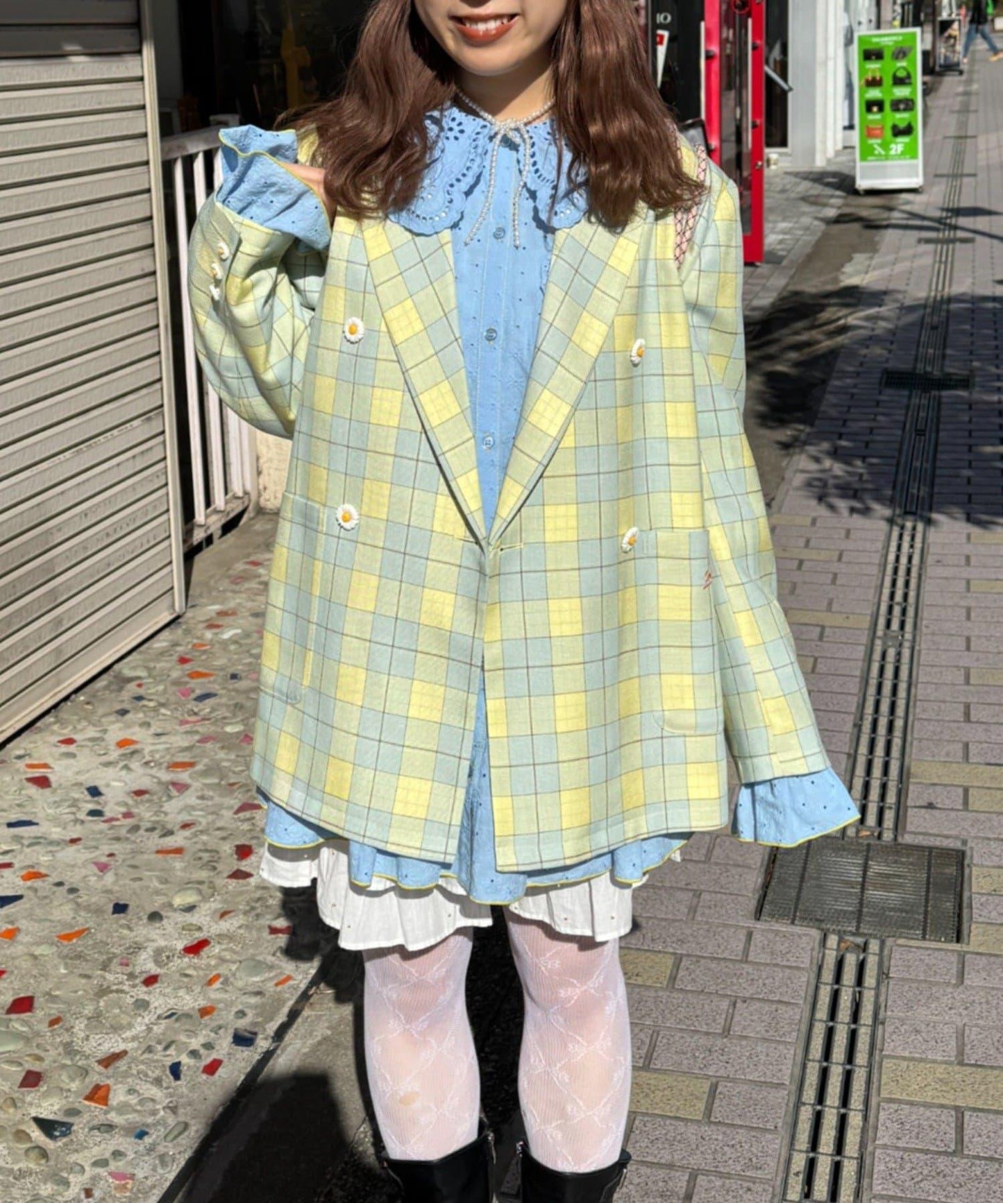 花朵紐扣格紋寬鬆夾克