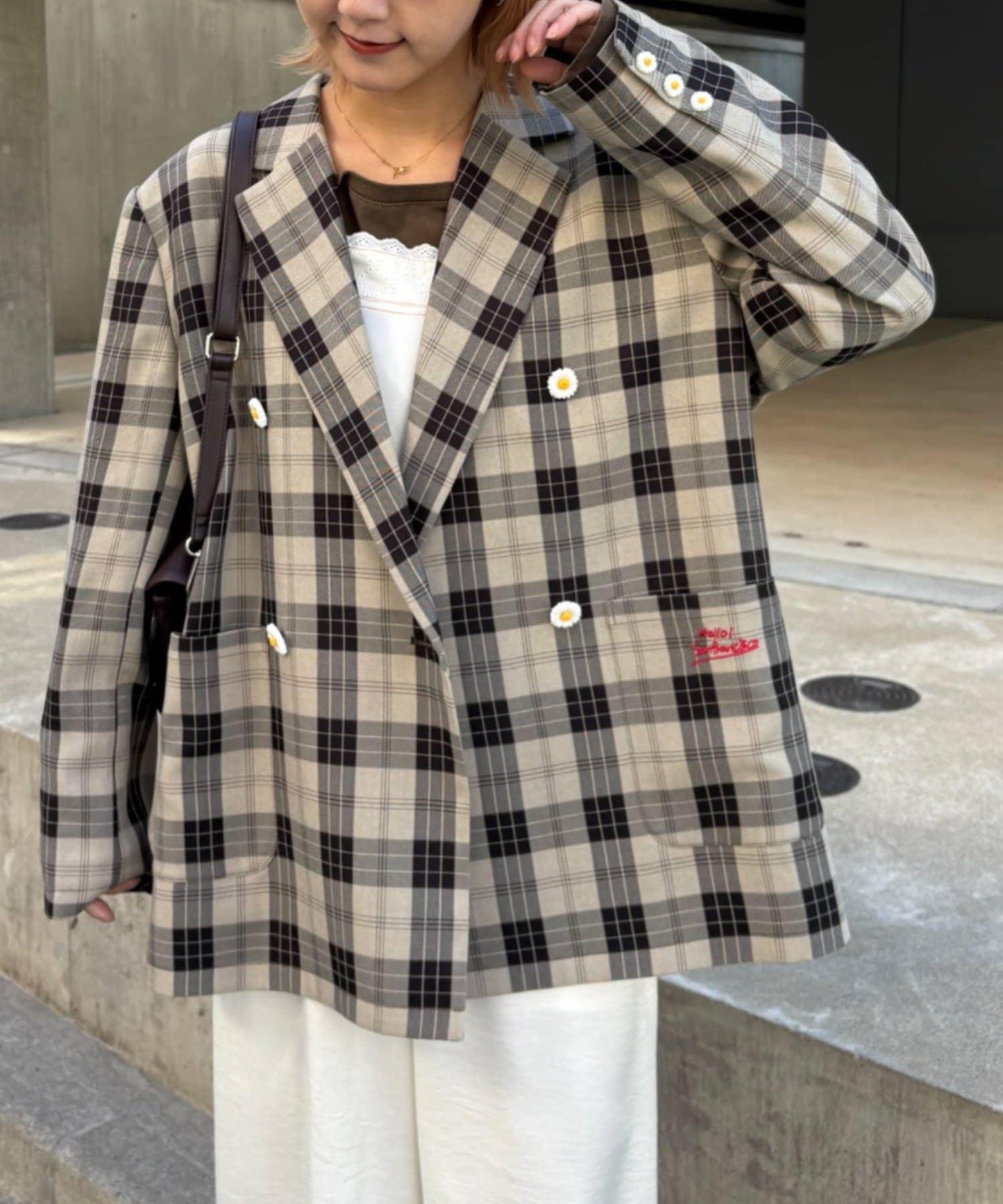 花朵紐扣格紋寬鬆夾克