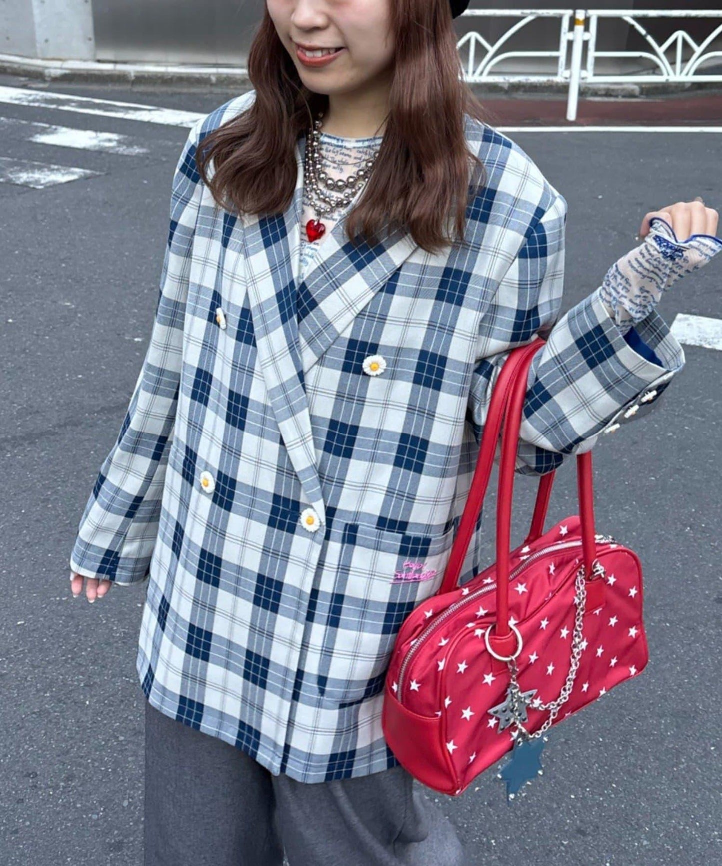 花朵紐扣格紋寬鬆夾克