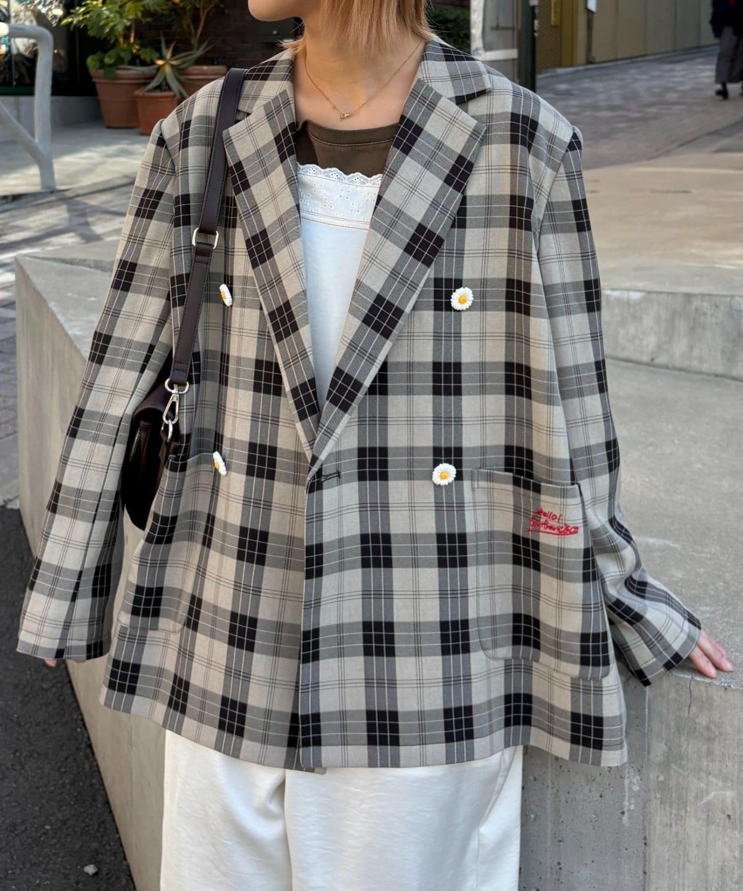 花朵紐扣格紋寬鬆夾克