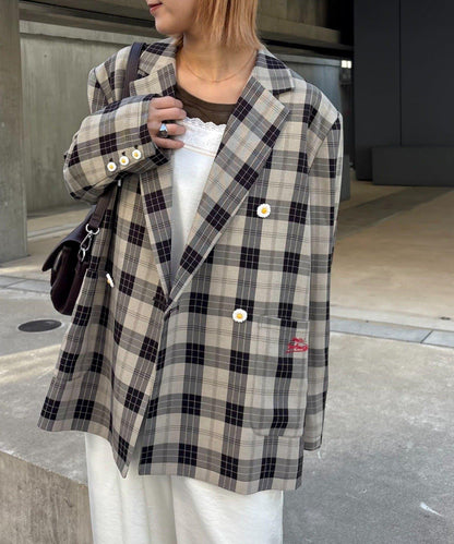 花朵紐扣格紋寬鬆夾克