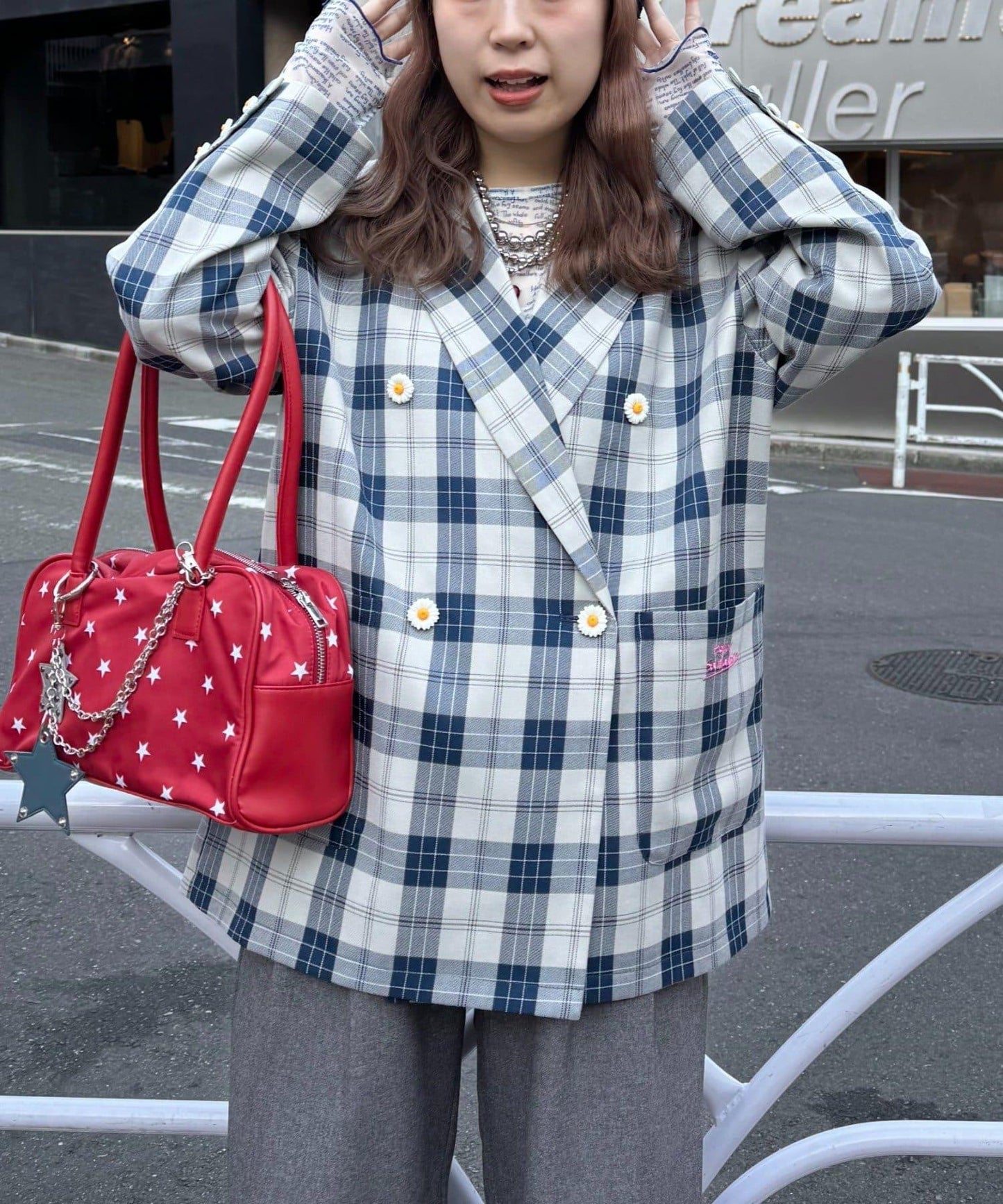 花朵紐扣格紋寬鬆夾克