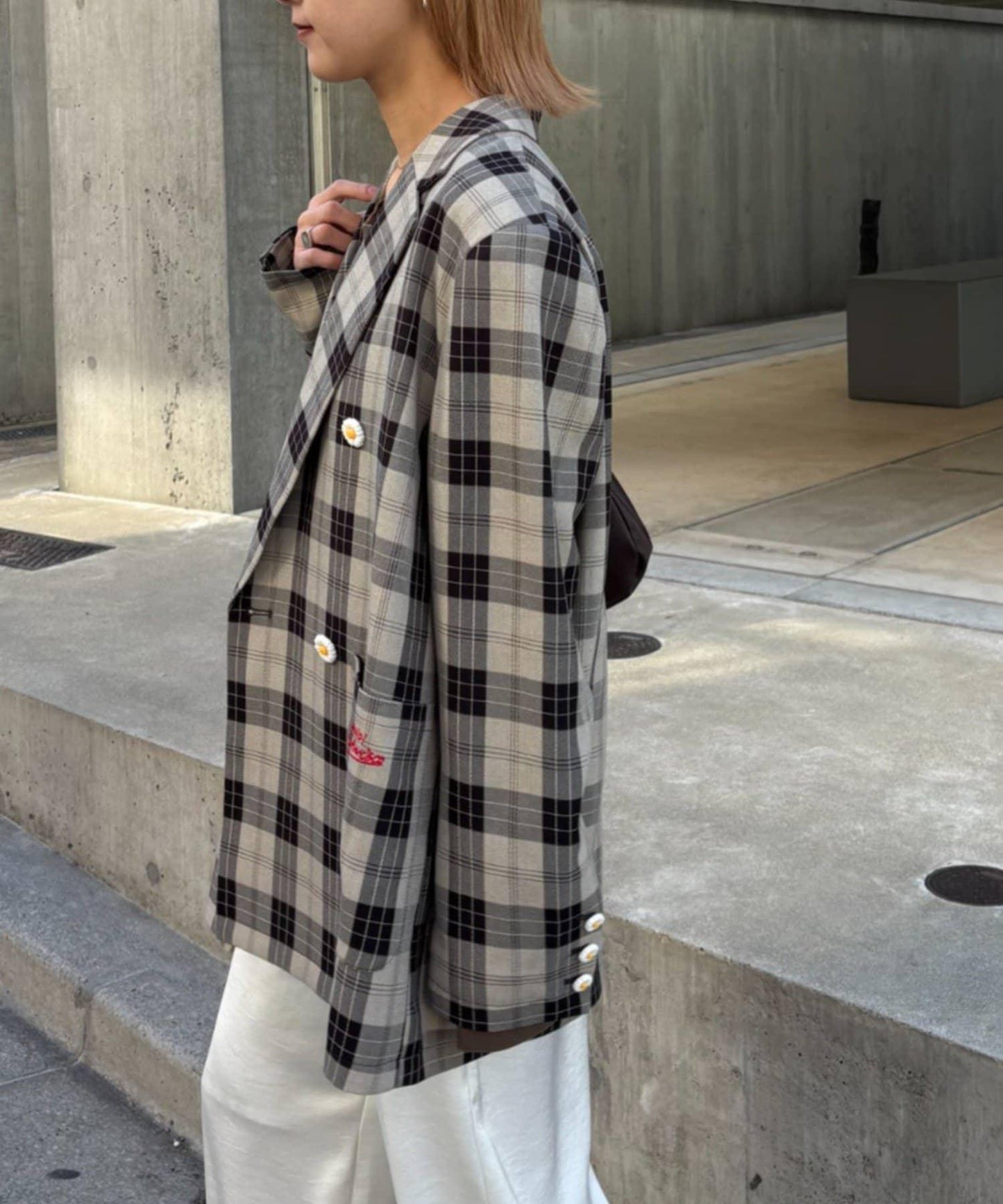 花朵紐扣格紋寬鬆夾克