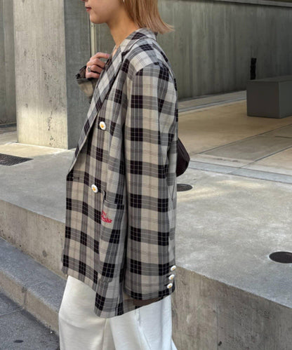 花朵紐扣格紋寬鬆夾克