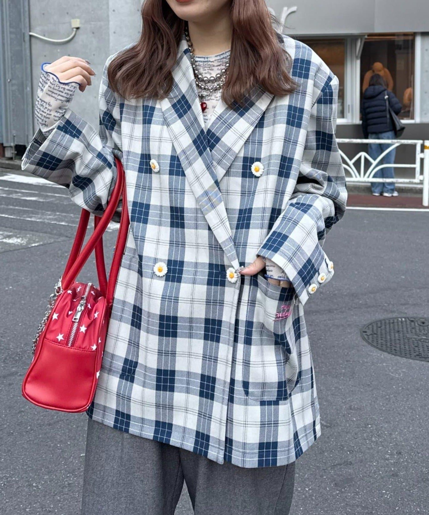 花朵紐扣格紋寬鬆夾克