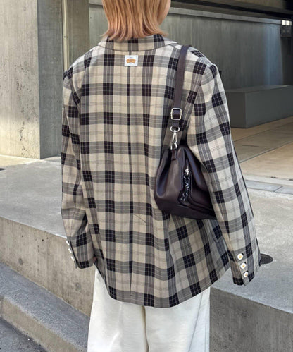 花朵紐扣格紋寬鬆夾克