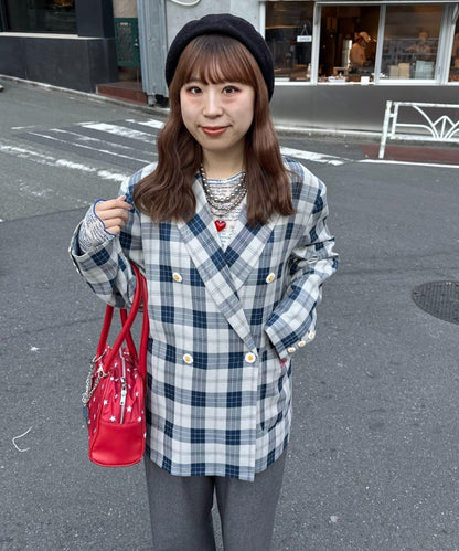 花朵紐扣格紋寬鬆夾克