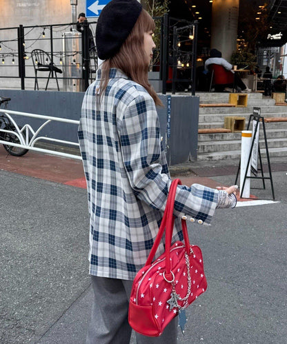 花朵紐扣格紋寬鬆夾克