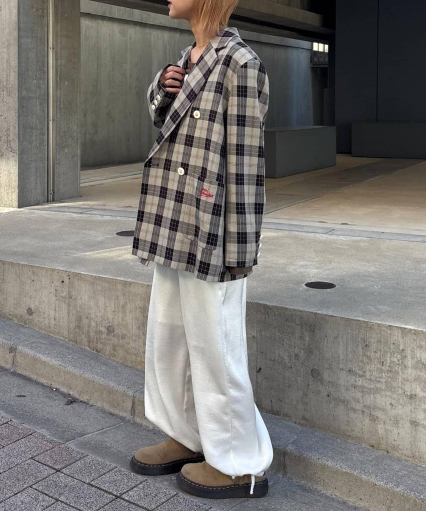 花朵紐扣格紋寬鬆夾克