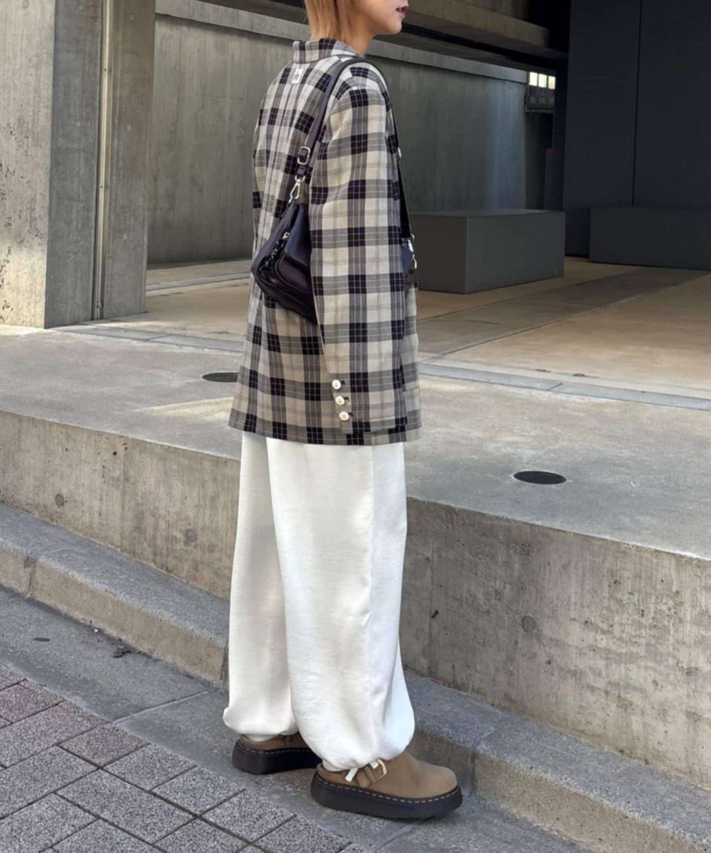 花朵紐扣格紋寬鬆夾克