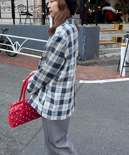 花朵紐扣格紋寬鬆夾克