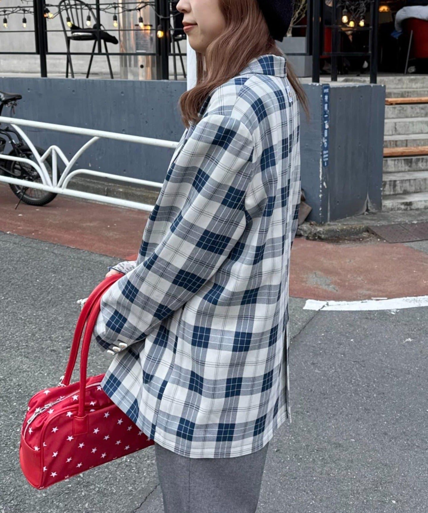 花朵紐扣格紋寬鬆夾克