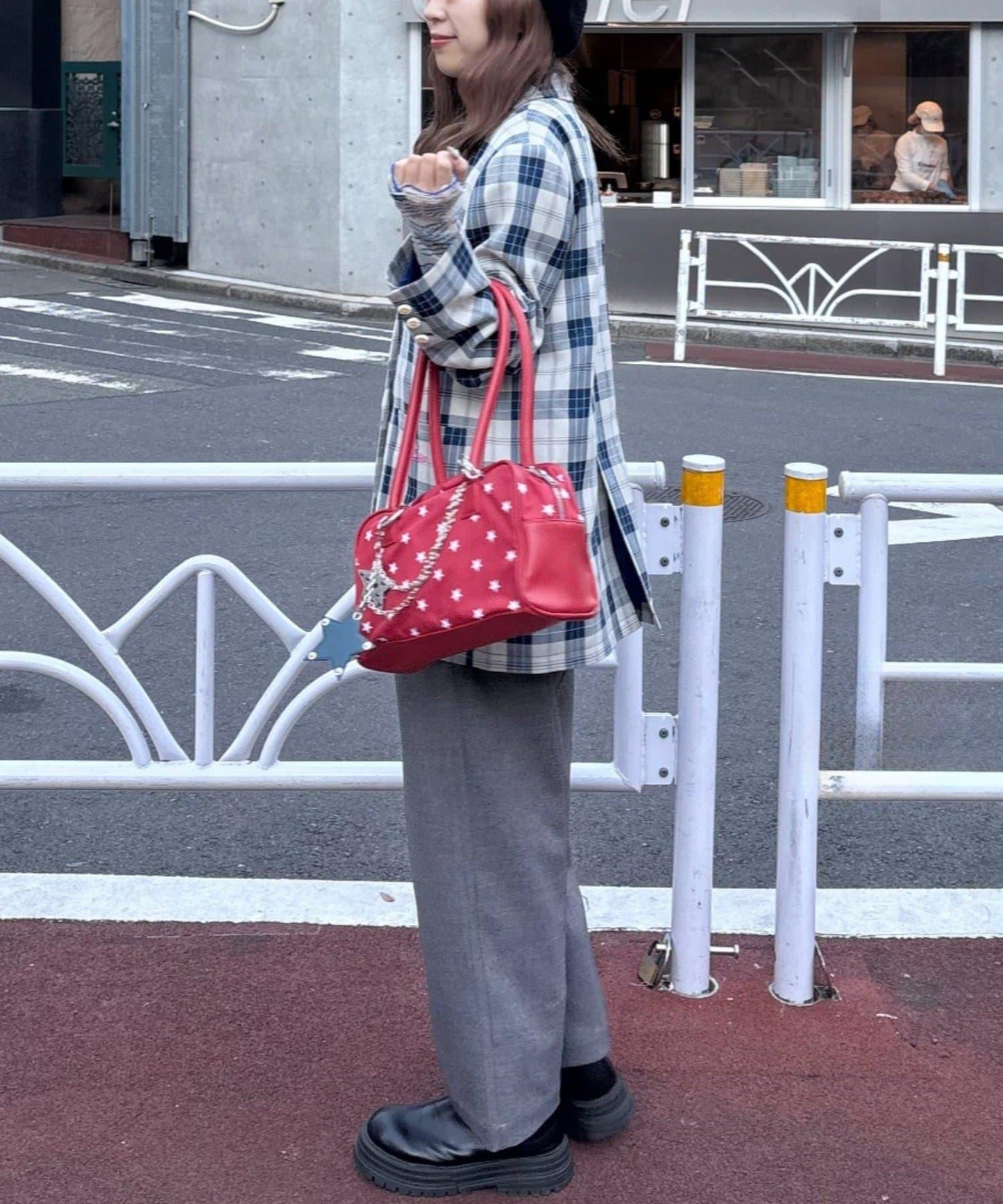 花朵紐扣格紋寬鬆夾克