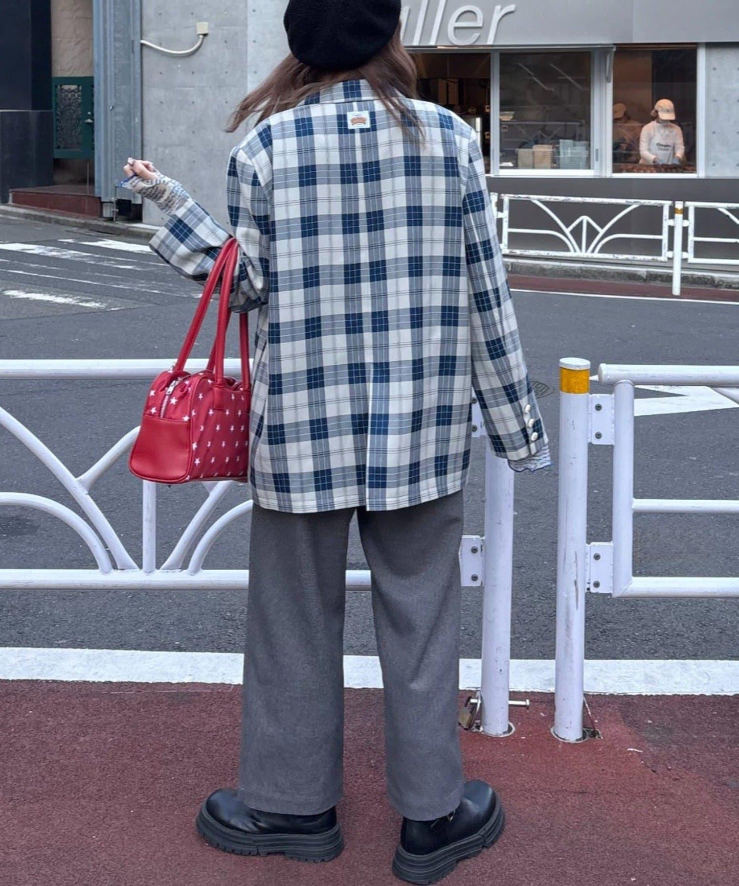 花朵紐扣格紋寬鬆夾克