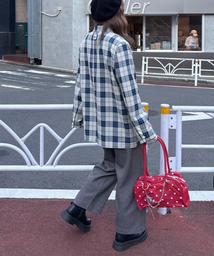 花朵紐扣格紋寬鬆夾克