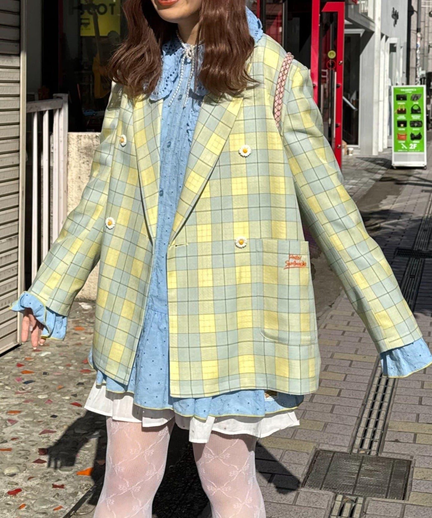 花朵紐扣格紋寬鬆夾克