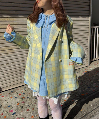花朵紐扣格紋寬鬆夾克