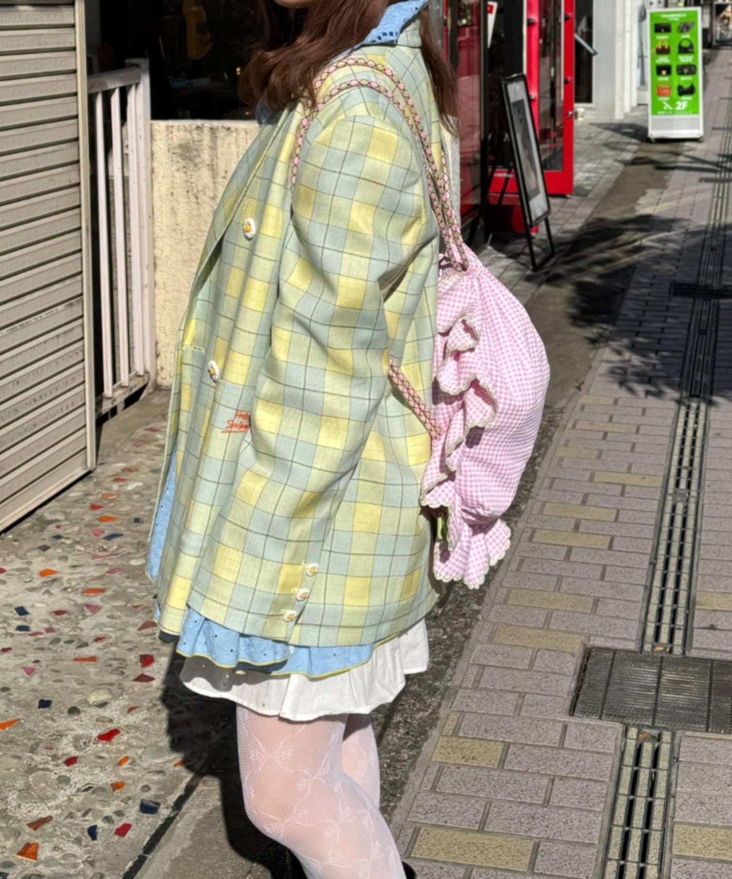 花朵紐扣格紋寬鬆夾克