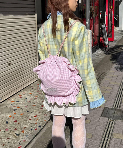 花朵紐扣格紋寬鬆夾克