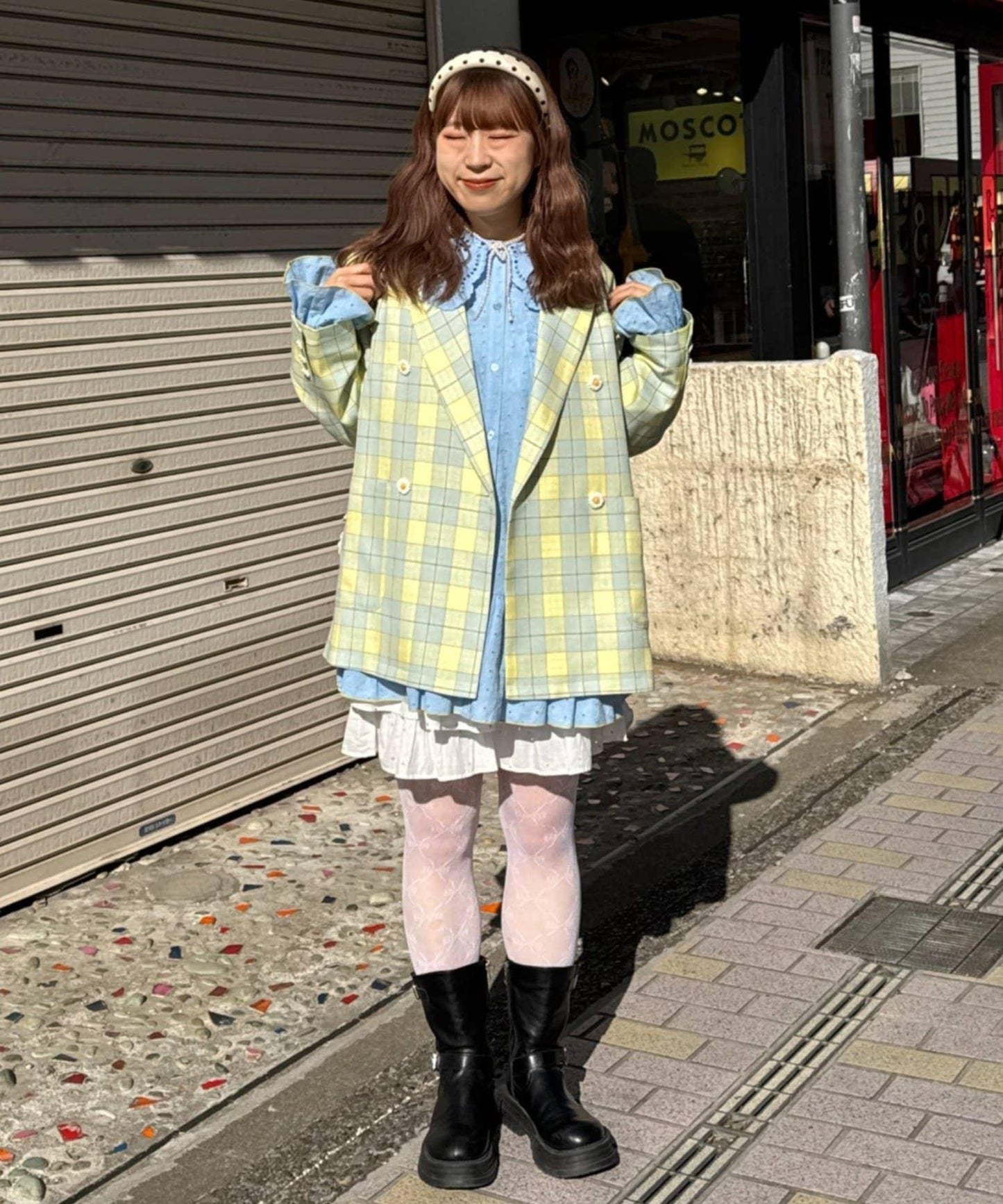 花朵紐扣格紋寬鬆夾克