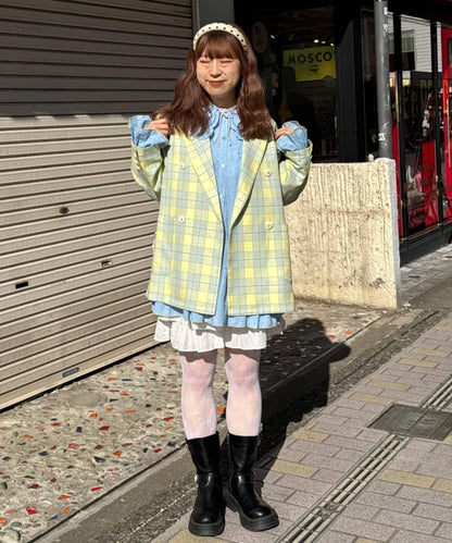 花朵紐扣格紋寬鬆夾克