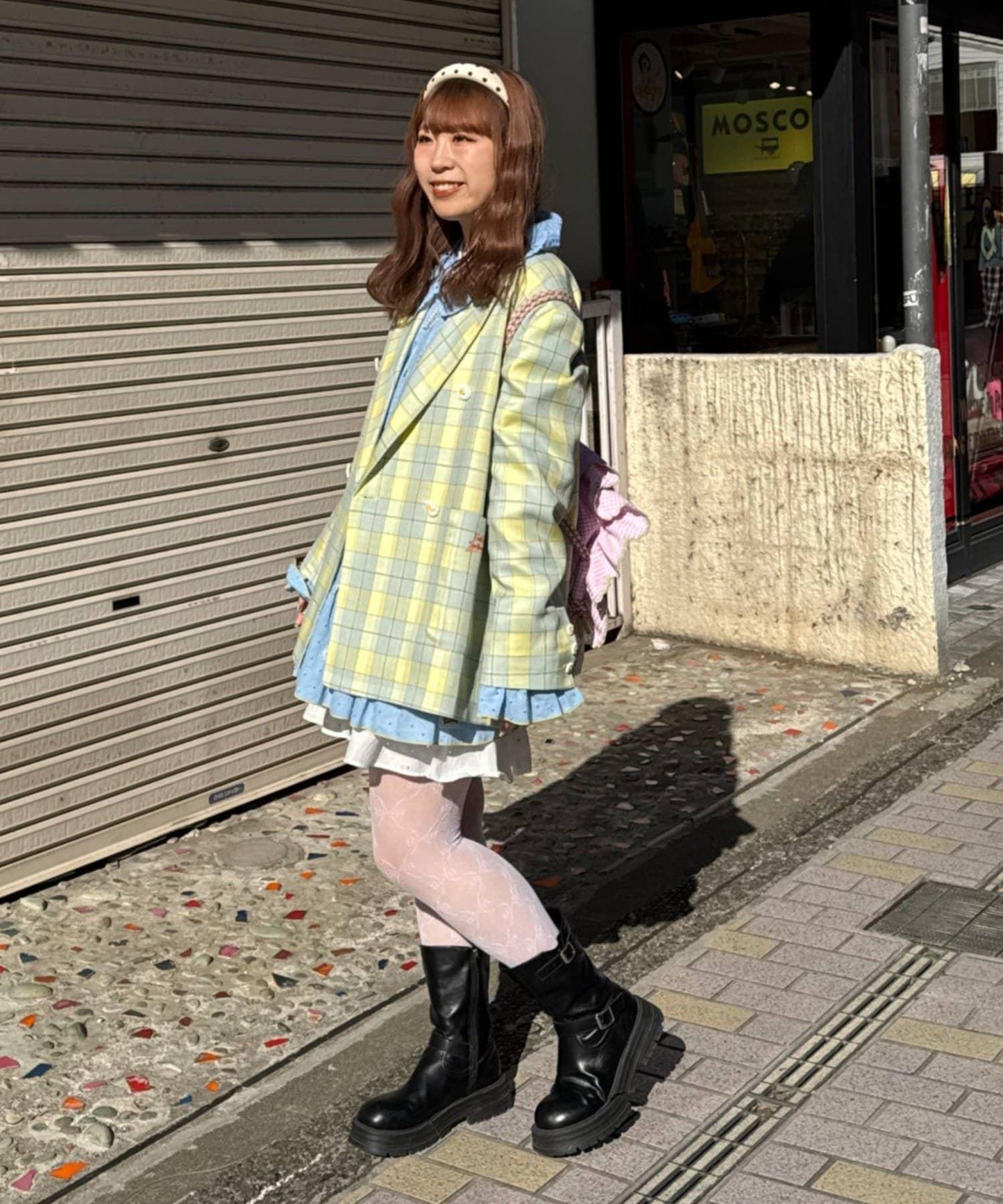 花朵紐扣格紋寬鬆夾克