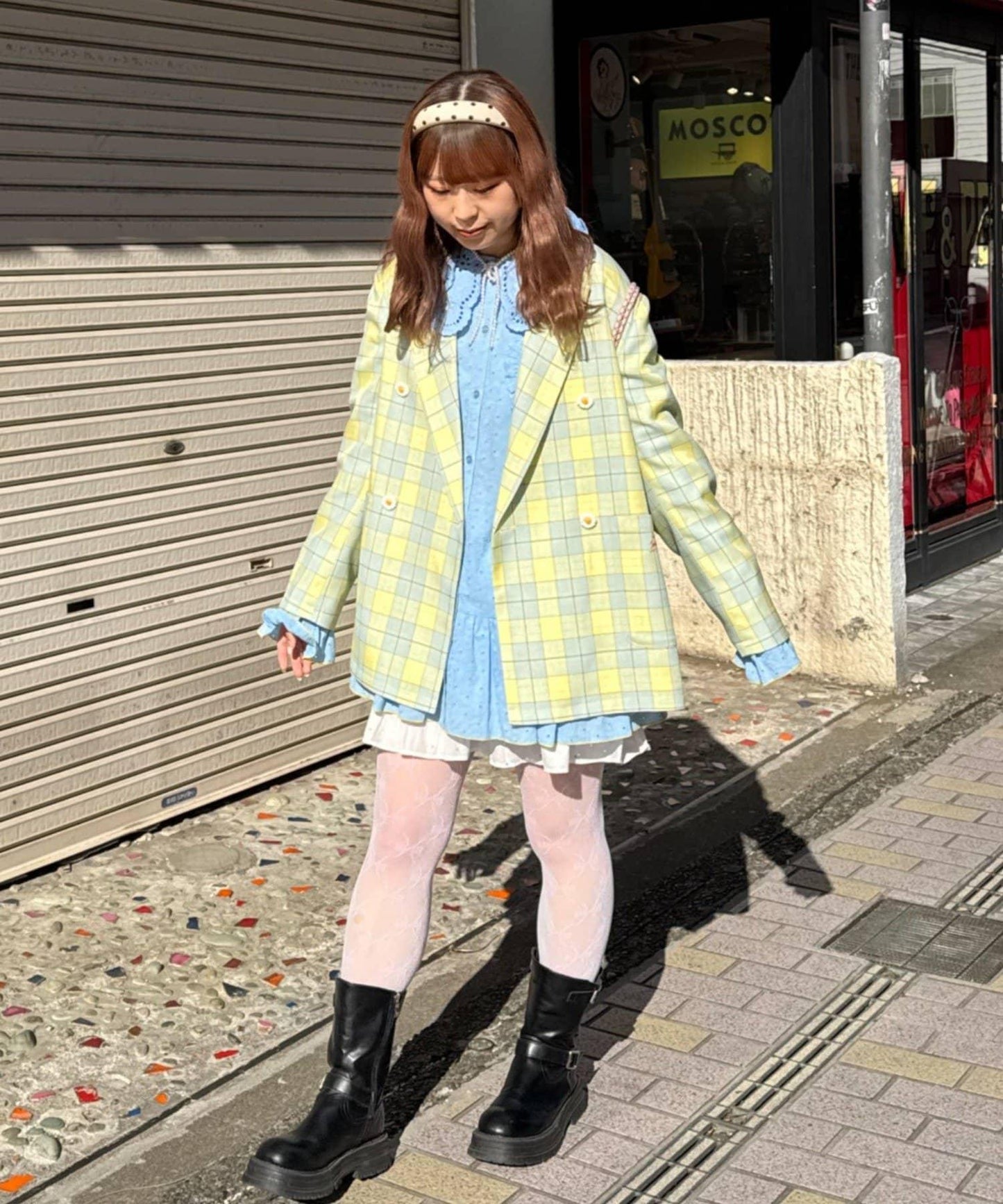 花朵紐扣格紋寬鬆夾克