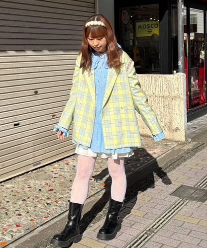 花朵紐扣格紋寬鬆夾克