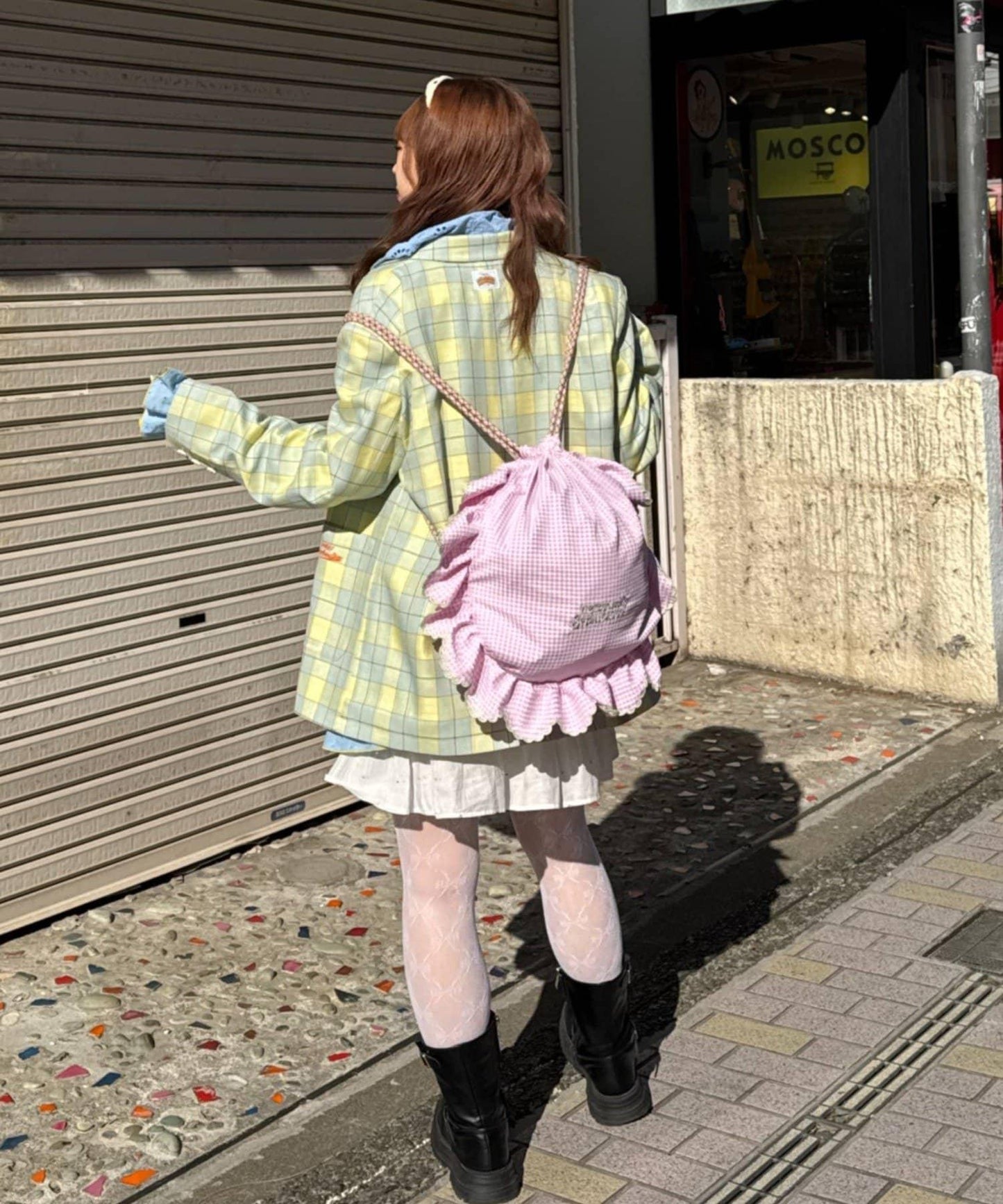 花朵紐扣格紋寬鬆夾克